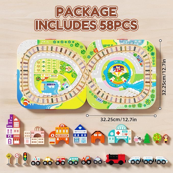 Wooden Train Set for Toddlers, 58 PCS City Building Blocks Toy with Portable Storage Folding Case & Playboard, Montessori STEM Educational Gift for Boys Girls Ages 3-5 4-8