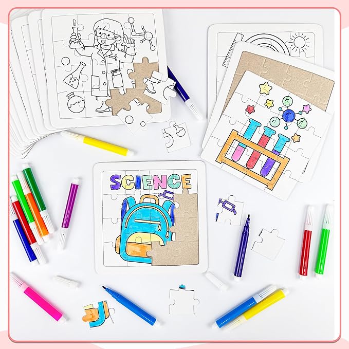 Cinrobiye 24 PCS Science Coloring Puzzle Craft Kit for Kids, DIY STEM Science Jigsaw Puzzles Bulk with 12 Designs, Educational Classroom Activities, Sciences Party Favors, Art Projects