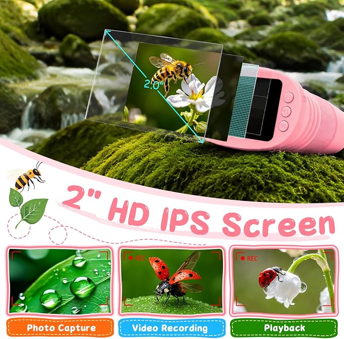 SEEKID Microscope for Kids 200-1000X, STEM Toy Science Kit for Kid(Pink) | Handheld Digital Microscope, 2" IPS Screen, 4K HD Camera 200+ Photo Storage for Girls Boys Child Birthday Gifts