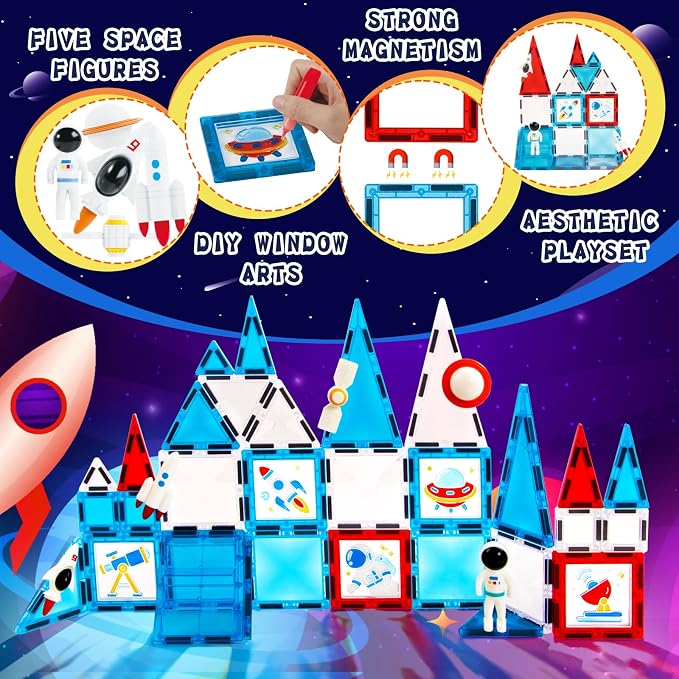 Magnetic Tiles 58 Pcs, Space STEM Building Blocks Toy for Kids | Inspires creativity, imagination, and problem-solving skills through hands-on STEM construction play