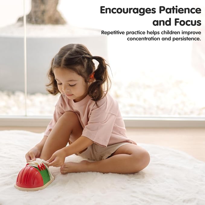 PlanToys® Wooden Life Size Tie-Up Shoe Montessori Kids Lacing Activity Toy | wooden life size tie-up shoe, montessori lacing fine motor, coordination independence practical life learning, kids education