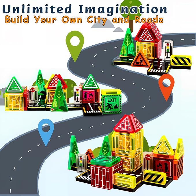 Magnetic Tiles,42PCS Magnetic Building Blocks with Metal Storage Box,Magnetic Tiles for Kids Ages 3+,Magnet Tiles for Boys & Girls (Road)