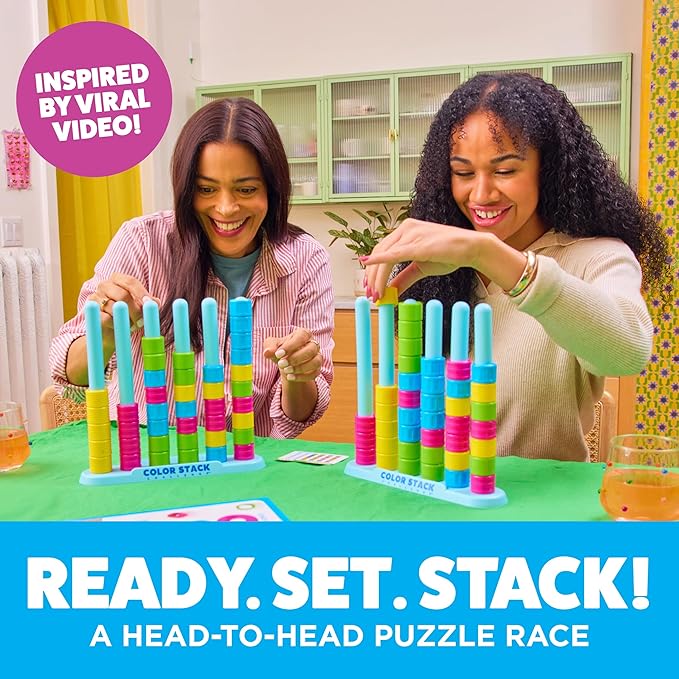Color Stack Challenge by Relatable – A Fast-Paced Color Matching Puzzle Game for Fun Parties and Family Game Night. Includes 2 Stack Racks, 50 Challenge Cards, 80 Rings & Instructions