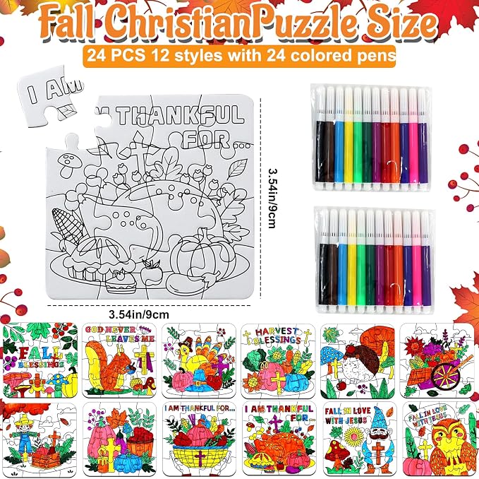 Thanksgiving Fall Crafts for Kids Religious Art Activities Blank Puzzle Toy | 24 Autumn Harvest DIY Crafts Pumpkin Turkey Cross Jesus, Christian Classroom Gift for Aldults Party Favors Game Supplies Bulk