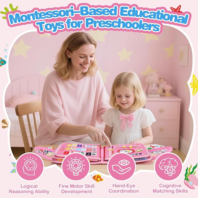GONINO Toddlers Busy Book for 1-3 Year Old Girls, Montessori Busy Board | Fine Motor Skills Sensory Toy, Travel Toys for Airplane Car, Baby Activities Books, Pink Gift for Girls