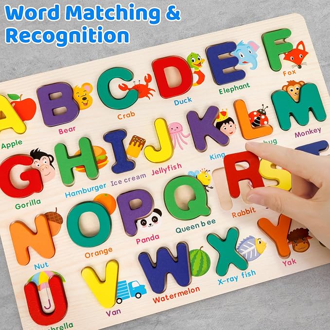 Alphabet Puzzle Wooden Puzzles for Toddlers ABC Shape Learning Toddler Toys | ABC Puzzle with Board & Letter Blocks, Preschool Educational Toys for Girls Boys, Pattern Alphabet