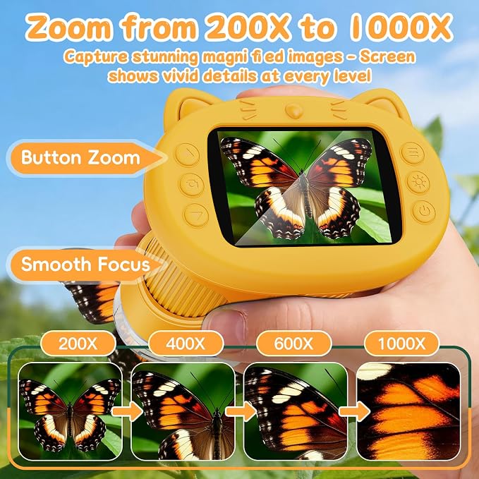 1000X Handheld Digital Microscope for Kids (Yellow) | 4K HD 2.4" Screen, 200–1000X Magnification, Portable Kids Microscope, Educational STEM Toy, Gifts for Boys and Girls Age 5–12