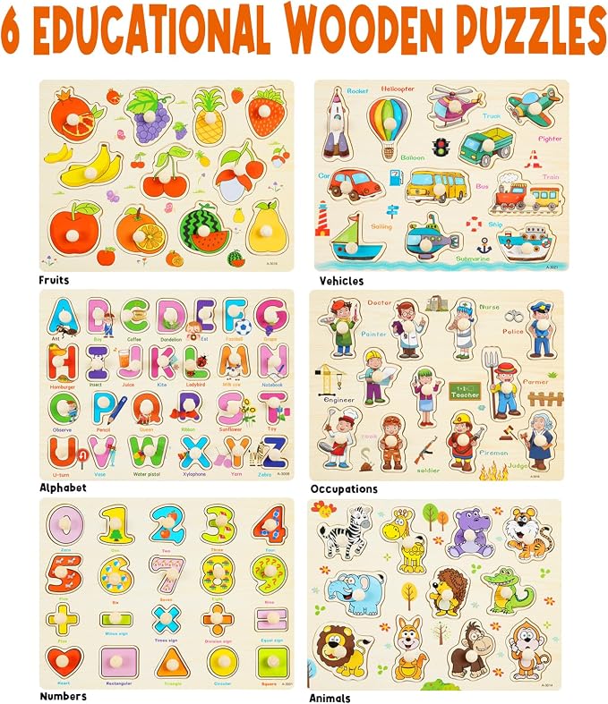 Wooden Peg Puzzles for Toddlers, 6 Pack Toddler Puzzles Set for 3 4 5 Years Old, Preschool Education Learning Puzzle Toys for Girls and Boys (Alphabet Number Animal Vehicle Fruit Occupation)