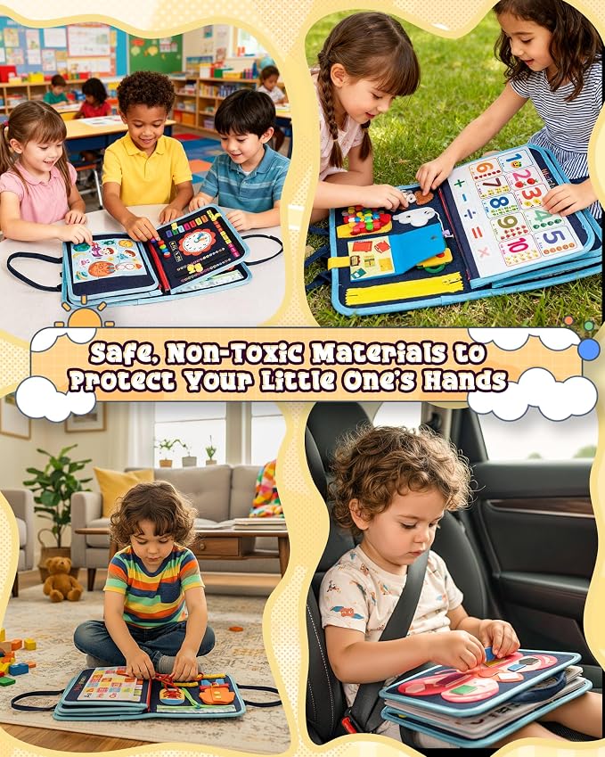 Montessori Busy Book for Toddlers, 8-Page Sensory Activity Book for Fine Motor Skills & Basic Dress Learning, Portable Travel Toy for Preschool Kids, Birthday Gift for Boys and Girls (Blue)