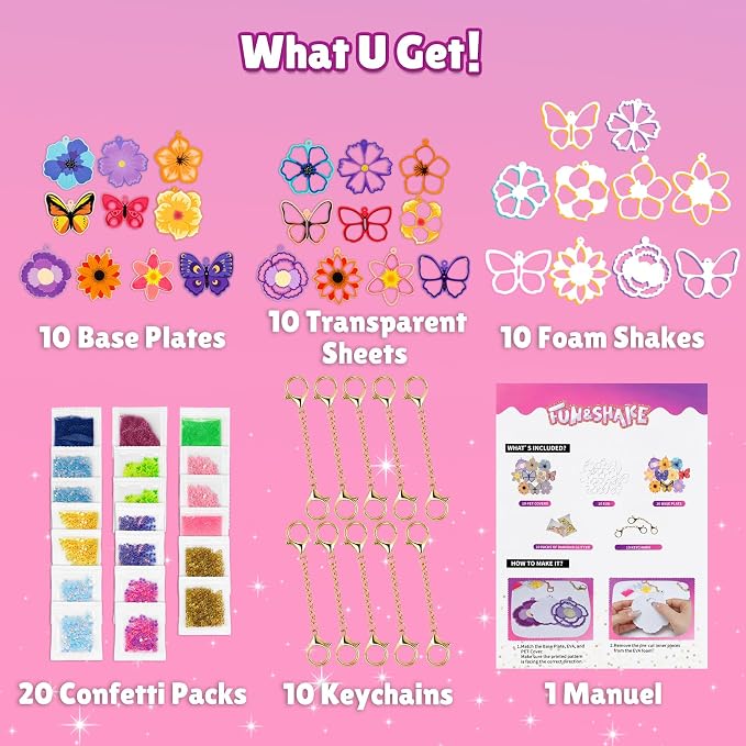 Fun Shake Glitter Craft Kits for Kids, DIY Arts and Crafts Keychains Kit | Art Supplies, Class Travel Activities, Party favors, Gifts for Girls & Boys 4yrs+, Butterfly & flower