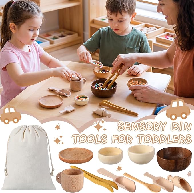 11 Pcs Sensory Bin Tool Sensory Tools for Boys and Girls Fine Motor Skill Toys Wooden Spoons Bowls Plate with Other Tools for Transfer Work and Fine Motor Learning (Wood)