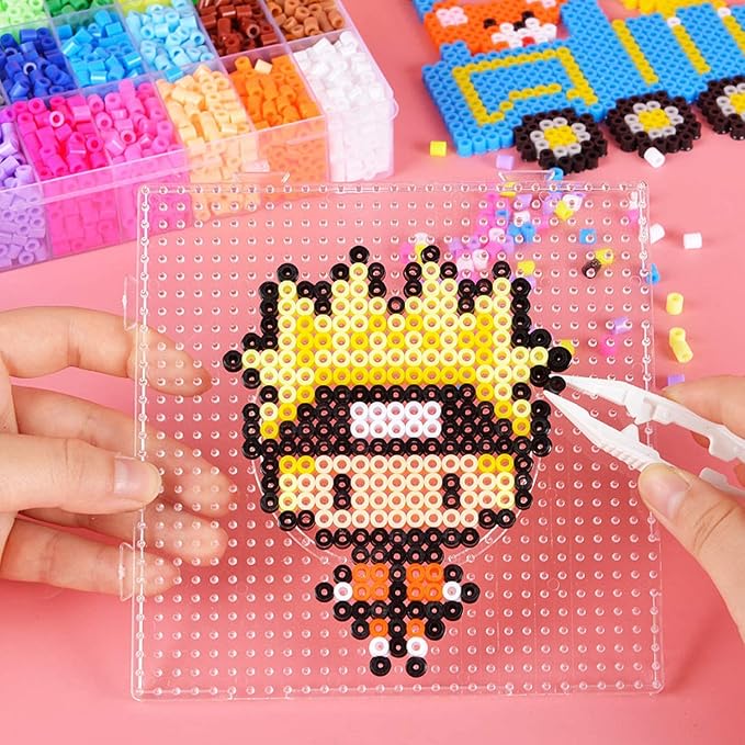 4pcs 5mm Large Square Fuse Beads Pegboards, Plastic Bead Boards | Clear Plastic Boards, Ironing Paper and Tweezers Included, Fits 5mm Fuse Beads, Kids DIY Craft Activity