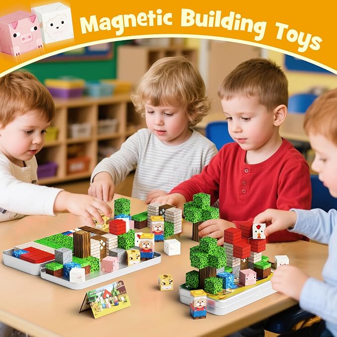 Mini Magnetic Blocks Farm Animals: 35pcs Travel Building Set for Toddlers | STEM Magnet Toys & Portable Iron Box for Kids Ages 3-8 Airplane Activities