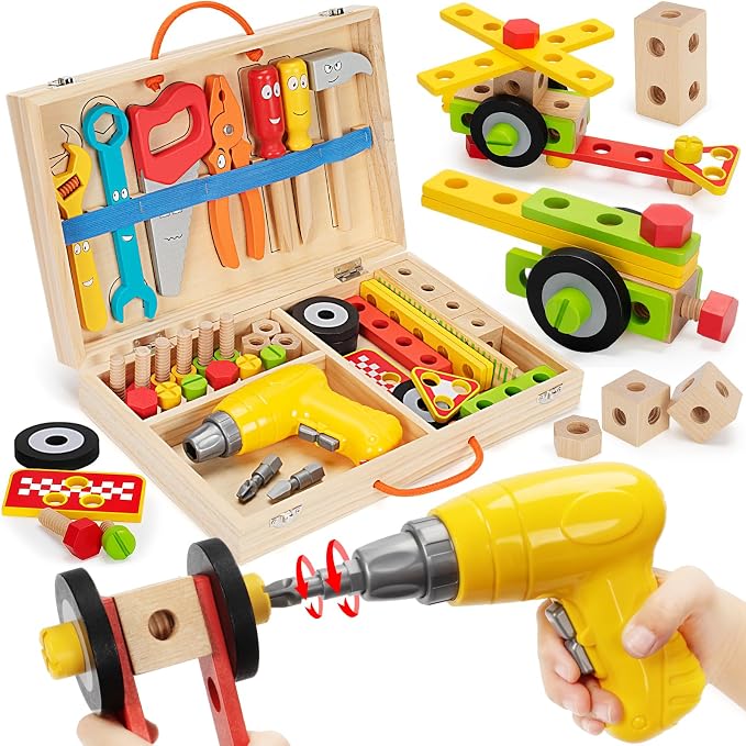 Kids Tool Set Toy with Drill, Stem Montessori Toys for 3 4 5 Years Old Boy Girl, 44 Pcs Wooden Toddler Tool Kits Inc Box, Learning Educational Construction Toy | Toy Tools for Toddlers 3-5 with Drill, Bolts and Wheels in a Portable Wooden Box for Prete...