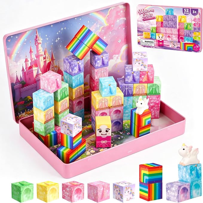 Mini Magnetic Blocks Travel Set with Magnetic Case-52 PCS Magnet Building Cubes Unicorn Toys for Kids 3-5, Toddler Travel Toys Airplane Essentials, STEM Montessori Toys Christmas Stocking Stuffers