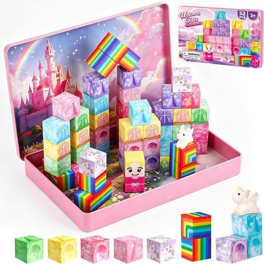 Mini Magnetic Blocks Travel Set with Magnetic Case-52 PCS Magnet Building Cubes Unicorn Toys for Kids 3-5, Toddler Travel Toys Airplane Essentials, STEM Montessori Toys Christmas Stocking Stuffers
