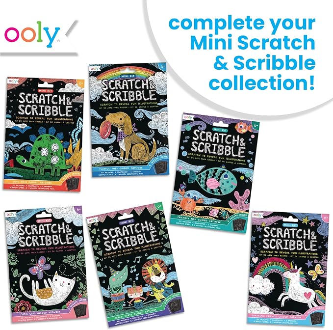 Ooly Mini Scratch & Scribble Art Kit, 6 Cards – Cutie Cats | Ages 6+, Wooden Stylus Included, Compact Car and Airplane Travel Activity, Screen-Free Craft, Fun Gift for Kids