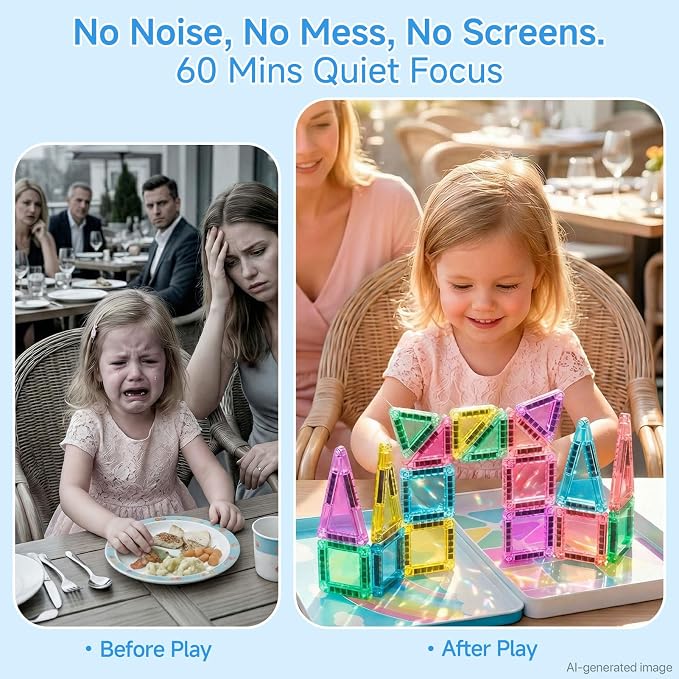 Magnetic Tiles for Kids 60 Mins Quiet Play at Church Restaurant | 40 PCS Pocket Magnet Building Blocks in Tin Box to Stop Crying- Boys Girls Age 3-8