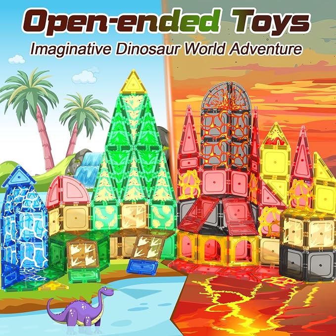 102PCS Dinosaur Toys Magnetic Tiles with 8 Dinosaurs - Jurassic Scenes Toys | Dinosaur World Adventure Set, Magnetic Blocks Kids Toys for Boys & Girls Ages 3+, Sensory Toddler Creative Kids Games Gifts