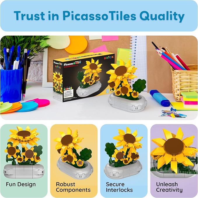 PicassoTiles 130pc STEM Sunflower Building Brick Block Set with Vase Flower Craft Toy for Kids Ages 3+ Educational Learning and Creative Activity Construction Room Decor Gift for Boys and Girls PBS22