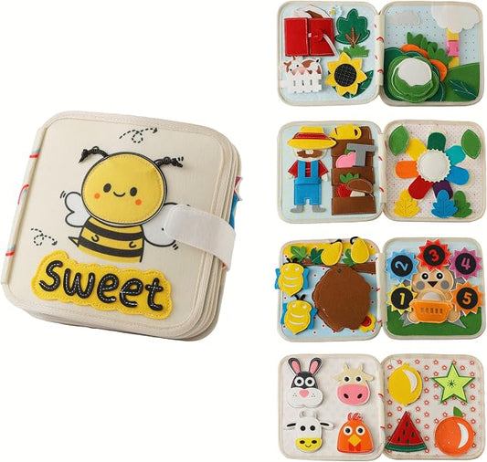GOODMOM Bee Sensory Busy Book for Toddlers1-3 – Quiet Book with Fun Mirror, 10 Pages Interactive Activities, Educational Travel Toy, Gifts for Boys & Girls