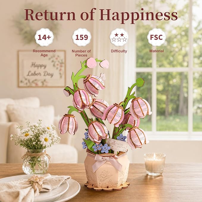 rowood Pink Lily of the Valley,Wooden Flower 3D Puzzles for Adults,DIY Craft Kits for Women,Botannical Collection Building Set,Mothers Day/Teachners Day Gift