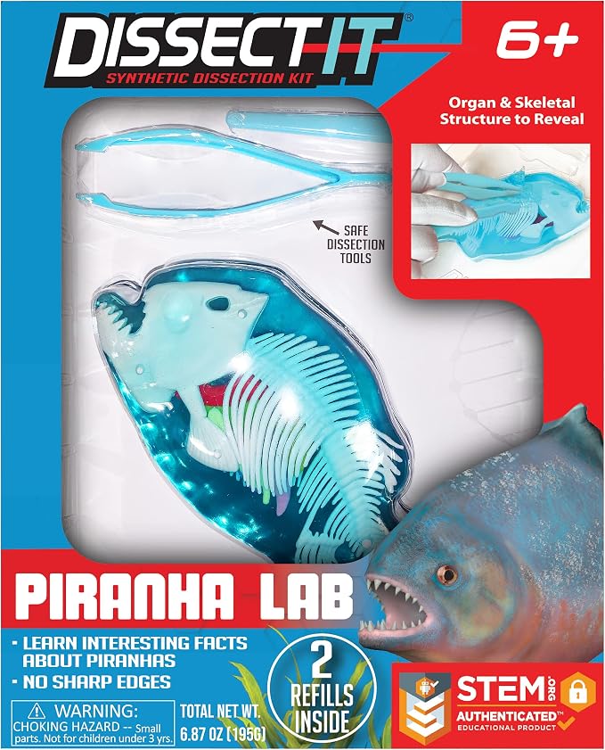 Dissect-It, Piranha Dissection Kit, STEM Toys for Kids, Ages 6+ | Piranha Anatomy, Examine Realistic Organs & Complete Skeleton, Then Rebuild with 2 Gel Refill Packs for STEM Learning