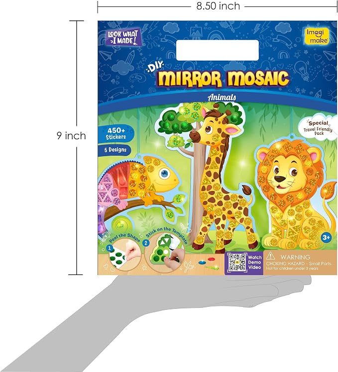 Imagimake Mirror Mosaic - Animals, 5 Templates, 450+ Stickers | Mess-Free Craft Activity, Screen-Free Creative Art Kit for Kids, Birthday Gift for Boys & Girls Ages 3,4,5,6,7 Years Old