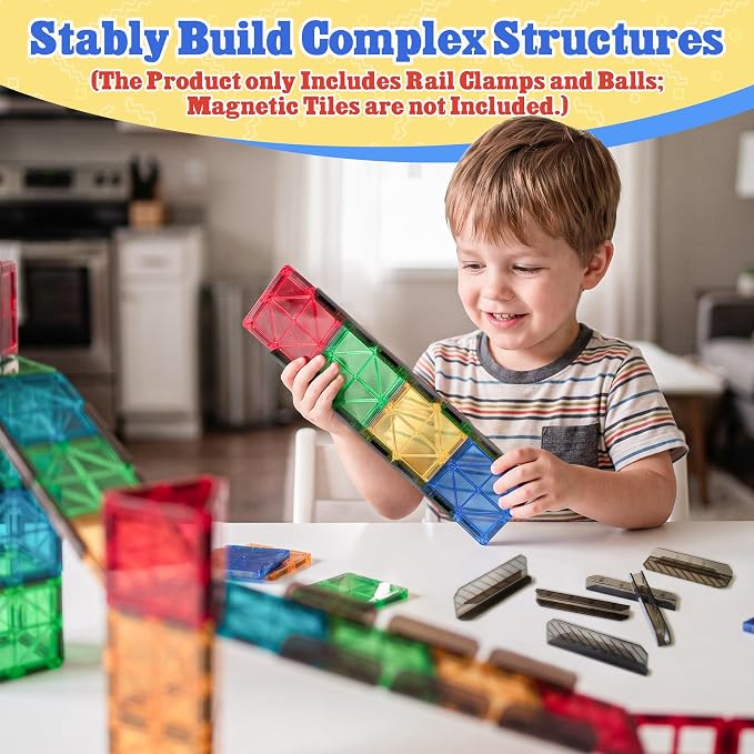 Magnetic Tiles Rail Pack 18-Pieces Magnetic Rail Clamps with Marble Run | Educational Magnet Tiles for Kids Ages 4-8 with Balls, Preschool Birthday Gifts for 3+ Year Old Boys and Girls