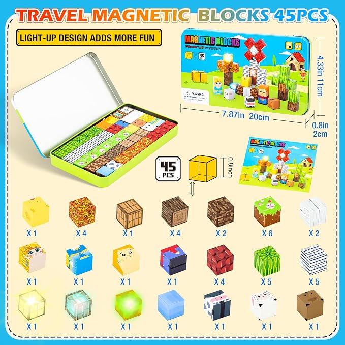 45PCS Magnetic Blocks for Kids with Portable Iron Box Farm Theme | Mini Cubes, Travel Essentials for Airplane, Car, Ride Road Trip, STEM Learning Toy Gift Idea for Toddlers Boys, Girls Ages 3+