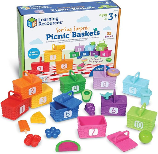 Learning Resources Sorting Surprise Picnic Baskets - Preschool Activities, Play Food for Toddlers, Color Sorting, Number Counter, Fine Motor Games, Birthday Gifts for Boys and Girls