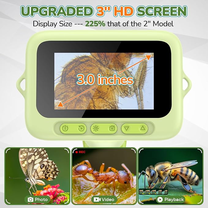Kids Digital Microscope with 3-Inch Screen: STEM Toy Science Gift Ages 4-12 | 32GB Card, 1000X Zoom, Rechargeable, Photo/Video, Connect to PC, 8 LEDs, 6 Brightness Levels, One-Touch Capture