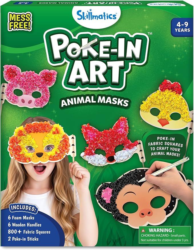 Skillmatics Poke-in Art – Animal Masks, Wood Craft Kit, Gift for Kids | DIY Mess-Free Fun, Pretend Play, Fine Motor Skills, Screen-Free, Travel Activity, Ages 4, 5, 6, 7, 8, 9