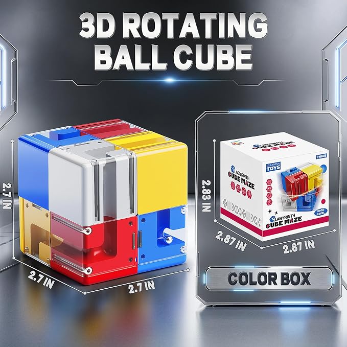 3D Maze Cube Ball Puzzle Brain Teaser for Adults & Kids, Educational Learning Toys Logical Thinking, Family Board Games Tabletop, Durable Puzzle Cube (White&Blue&Red&Yelllow-C, 2.8x2.8x2.8)