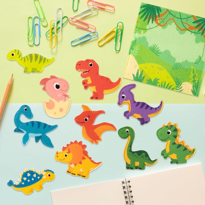 COcnny Dinosaur Finger Puppets Craft- 11pcs Dinosaur Felt Finger Puppet with Jungle Bag Set Making Crafts Kit for Kids, Make Your Own Story Telling Toys, Role Play for Boys Girls Toddles Ages 3-8