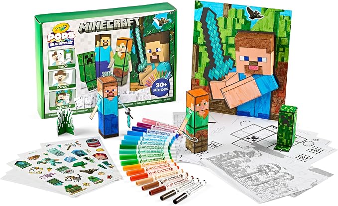 Crayola Minecraft POPs 3D Art Kit, Kids Screen Free Coloring Activity Craft | Minecraft Toys, Kids Coloring Activity Set with Markers & Stickers, Birthday or Holiday Gift for Boys & Girls, Ages 5+