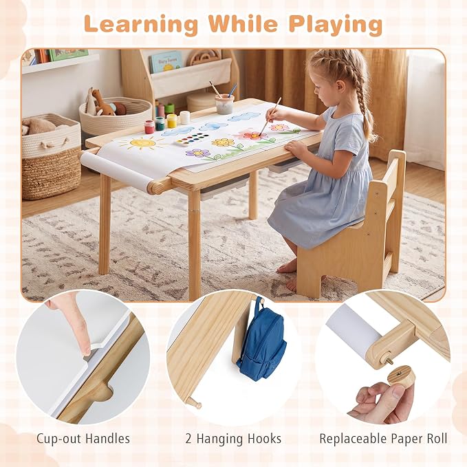 HONEY JOY Sensory Table and Chair Set, Wooden Sand & Water Activity Set w/Adjustable Height, Dual Sided Top, 2 Bins, Paper Roll & 2 Hooks for Art, Study, Craft, Gift for Boys Girls 3+