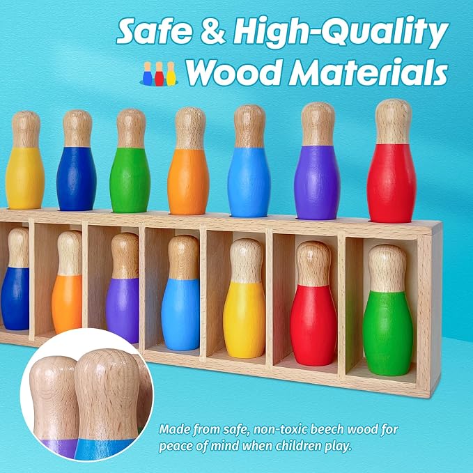 pamexin Family Games for Kids, Wooden Bowling Color Matching Game with 7 Bright Pins and Storage Bag, Family Board Games Party Birthday Gift, Fun Party Game for Boys Girls