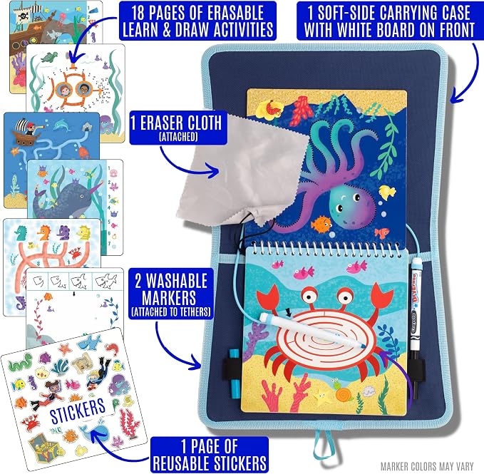 Totebook Kids Travel Activity Kit with Tethered Dry Erase Markers - Mess Free Car & Plane Activities for Toddlers Ages 4-6, Reusable Stickers, Mazes, Search and Find (Ocean Theme)