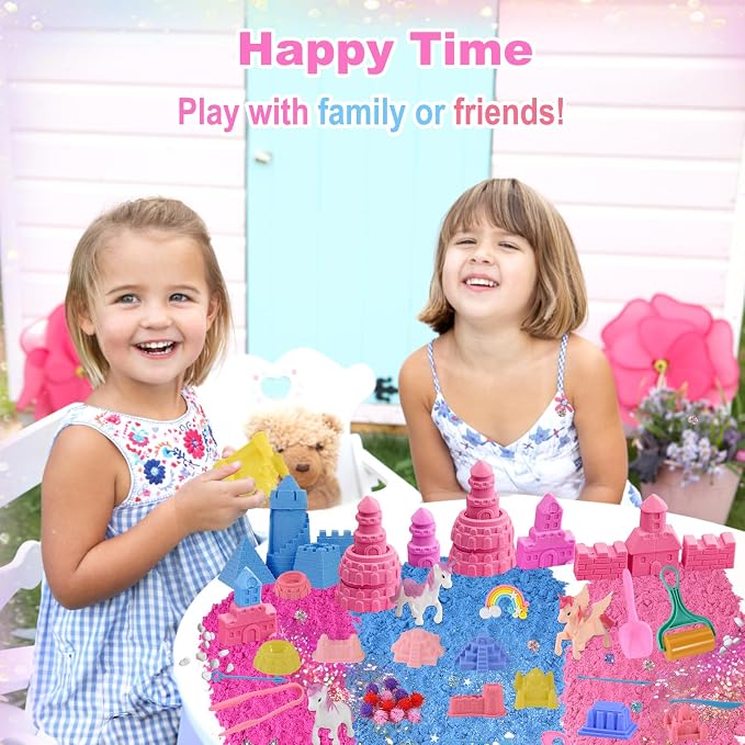 Faburo 48Pcs Unicorn Sensory Bin Sand Kit Toy for Toddler Girls 3 Unicorns | Unicorn Toys for Girls Age 4-6, 6 Castle Molds, 2.2Lbs Color Sand, Learning Toys Birthday Gift for Kids Age 3 4 5