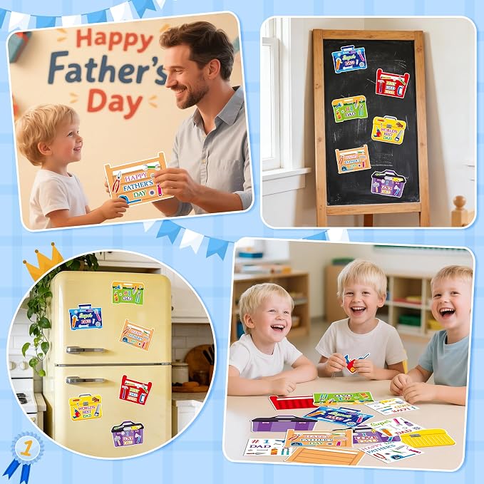 Haooryx Father's Day Magnet Craft Kit - 30 Sets Make Your Own Tool Box Sticker Decor Paper Craft for Classroom Home DIY Activity Refrigerator Bulletin Board Decor Happy Father's Day Party Supply Gift