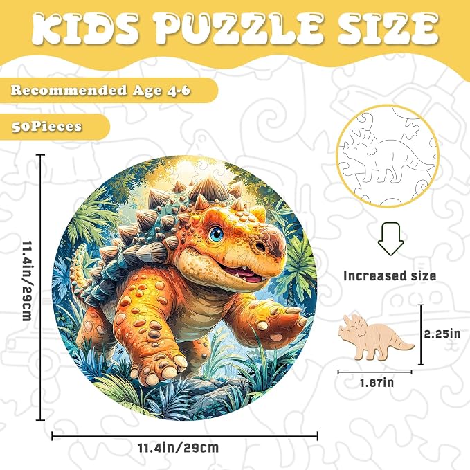 Dinosaur Wooden Puzzles for Kids - Ankylosaurus | 50 Piece Puzzles for Kids Ages 6-8, Kids Puzzles with Unique Animal Shapes, Round Gift for Girls and Boys (11.4 * 11.4 in)