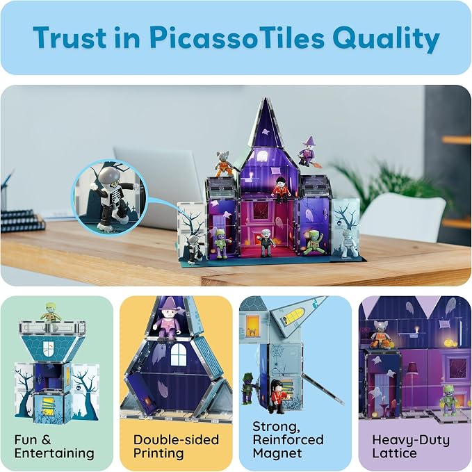 PicassoTiles 57 PCS Magnetic Tiles Halloween Haunted House STEM Set Ages 3+ | 8 action figures with rotating limbs, double-sided tile prints, doors and windows, creative storytelling playset, BPA-free