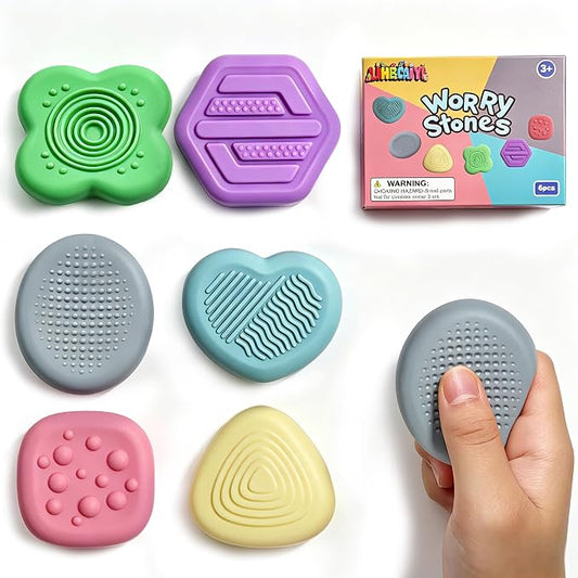 6Pcs Silicone Sensory Worry Stones, Quiet Fidget Toys for Kids | for Autism & ADHD,Sensory Play,Silent Calming,Focus Support,Easy to Clean,Versatile Gif