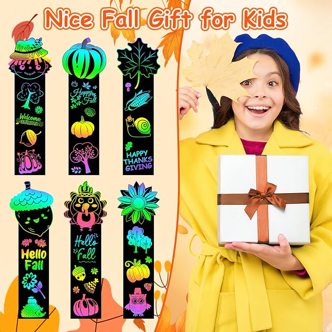 JUNEBRUSHS 30Pcs Fall Scratch Bookmarks, Rainbow Scratch Paper Art | Hello Fall Autumn Leaves, Pumpkin Turkey DIY Crafts Kit, for School Classroom Activity, Thanksgiving Party Favor