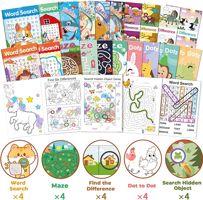 Elfew 20 Pack Activity Books Party Favors Set for Kids Ages 4-8 8-12 | 20 Colored Pencils & Gift Bags, Bulk Small Puzzles Books for Birthday Gift, Classroom Rewards, Party Goodie Bags Stuffers