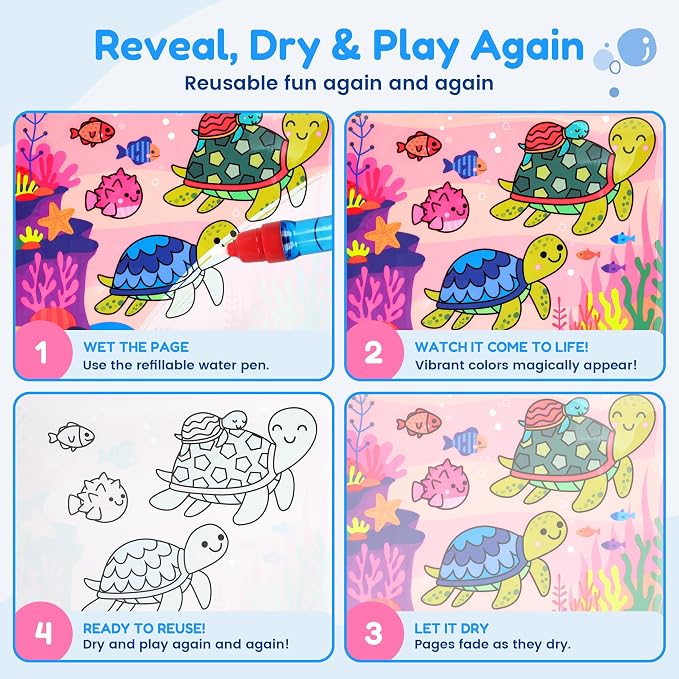 JoyCat Paint with Water Coloring Book for Toddlers, Reusable (Ocean) | Water Coloring Books with Water Pens, No Mess Travel Toy for Kids to Develop Creativity,Educational Learning Kits Gifts