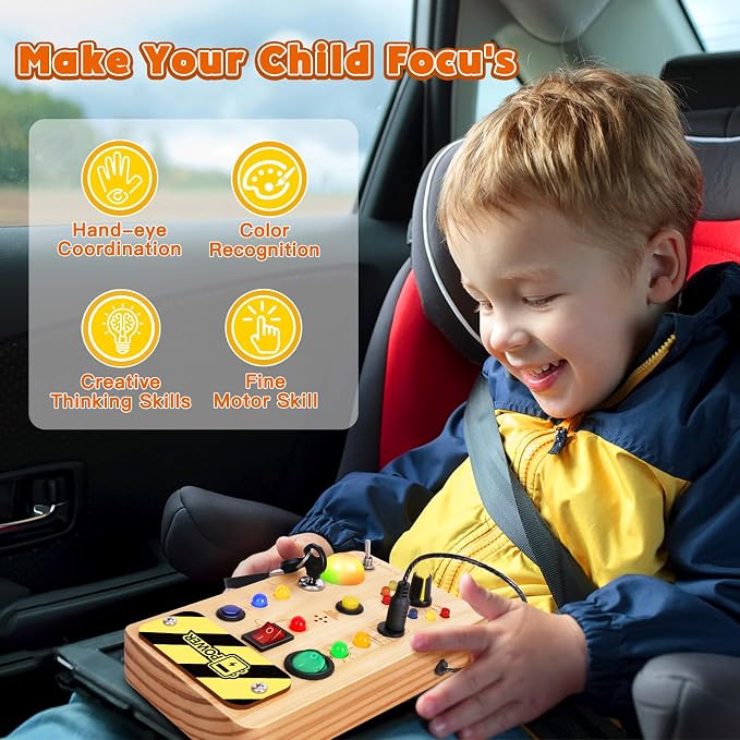 TINTECUSA Busy Board Montessori Toys for Toddler, Wooden Sensory Board Switch Toy with Color-Changing LED Light Up Travel Toys Educational Plane Travel Activity for 1-6 Year Old Girls & Boys Gifts