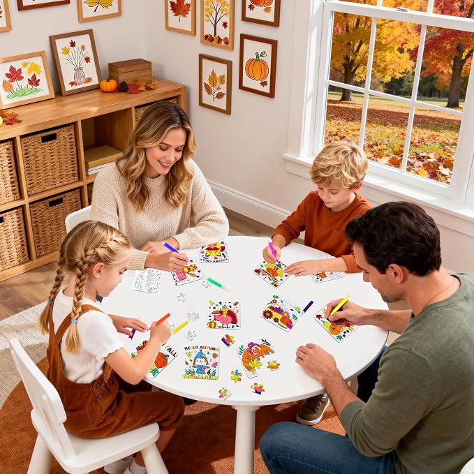 Thanksgiving Fall Arts & Crafts for Kids Autumn DIY Party Favors Puzzle Kit | 24Pcs Fall Craft Jigsaw Pumpkin Turkey, Thanksgiving Harvest Activities Classroom Gift School Coloring Game Toy Supplies Bulk