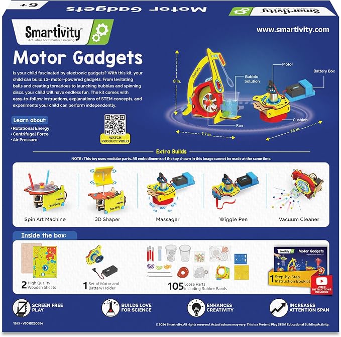 Smartivity 10-in-1 Motor Powered Gadgets Kit for Kids 6-12 | Build 10+ Science Projects - Bubble Launcher, Spinning Toy & More | STEM Kit | Birthday Gift for Boys & Girls